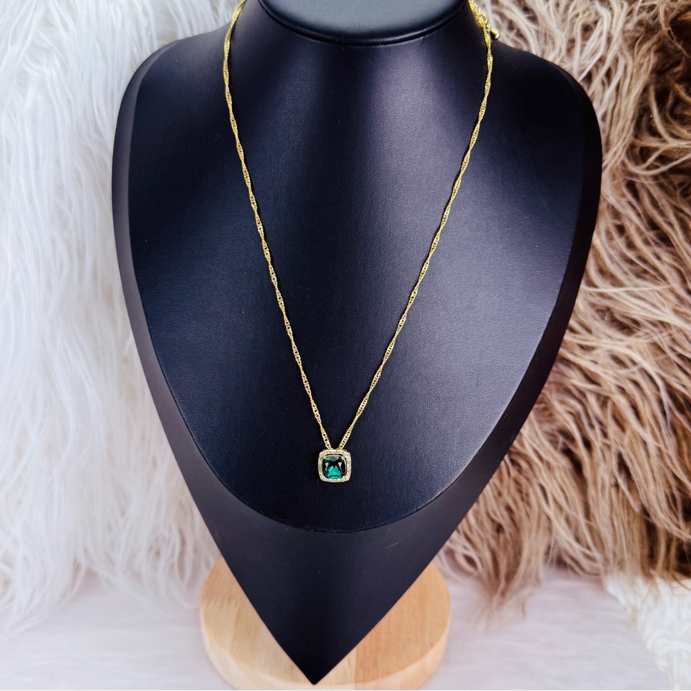 Goldtone Green Cushion Pendant Necklace with Halo Accents - Picture 3 of 8